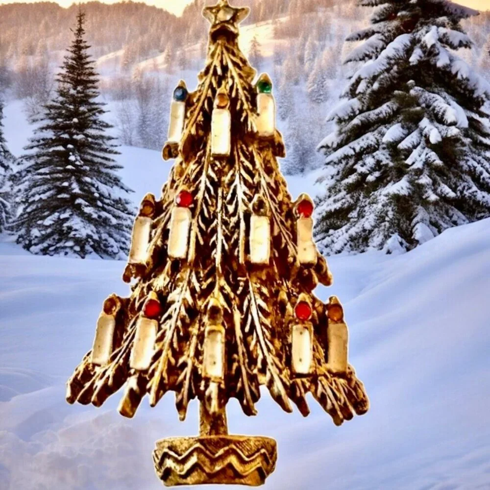 Arthur Pepper Vtg Christmas Tree Brooch Rhinestones Candle Enamel Signed FLAWS